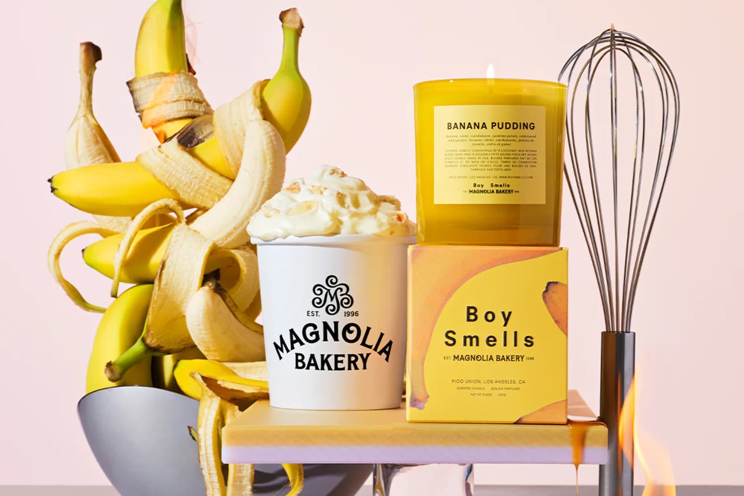 Boy Smells and Magnolia Bakery Banana Pudding candle with bananas, pudding and a whisk
