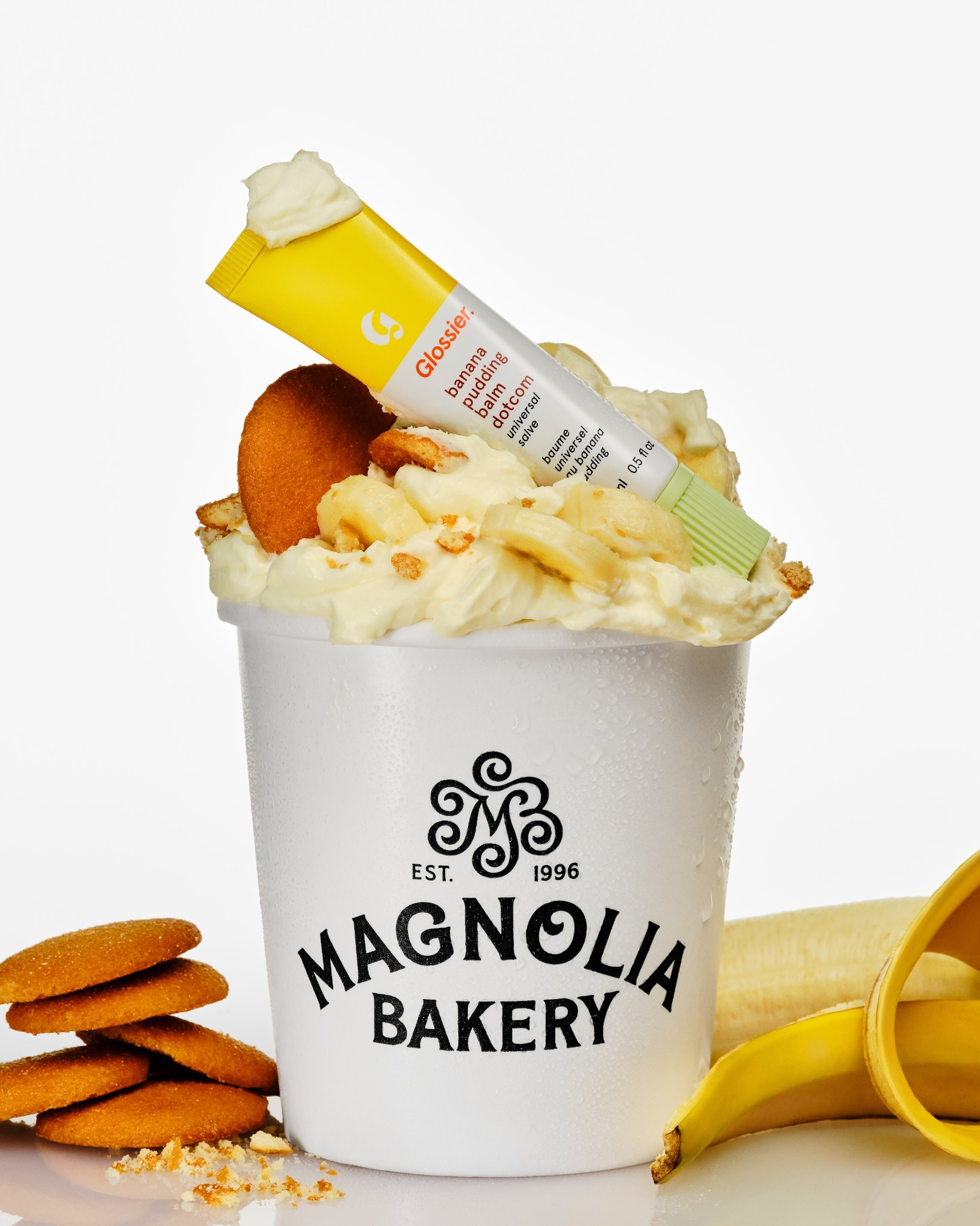 Glossier Banana Pudding Balm Dotcom presented with Magnolia Bakery banana pudding